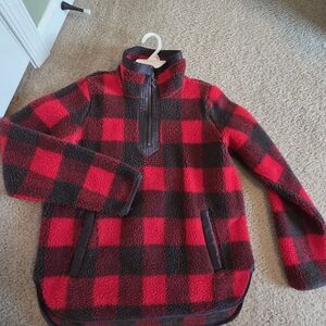 Abercrombie & Fitch Red and Black Checkered Fleece Sherpa Jacket